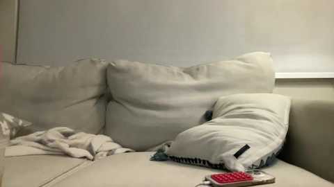 Media: Video of a beige couch with messy white pillows, a red remote, and a tissue box, set against a plain, light-colored wall.