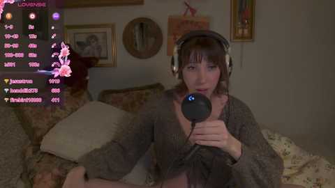 Media: A woman with fair skin, brown hair, and a gray cardigan sits on a bed, using a webcam mic to stream. The background shows floral wallpaper and framed pictures.