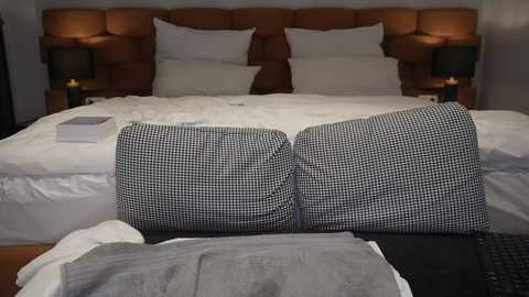 Media: Video of a neatly made bed with white linens, a checkered gray throw, and two wooden nightstands with lamps. The headboard is upholstered in brown leather.