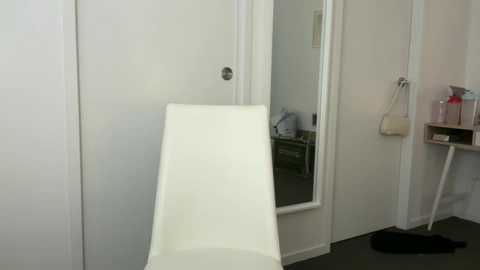 Media: Video of a minimalist, white-walled room with a sleek, white chair angled towards a mirror, revealing a glimpse of a green sofa in the reflection.