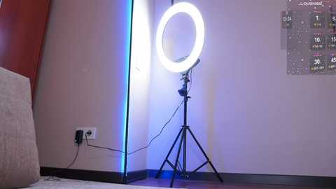 Media: Video of a modern room featuring a bright white ring light on a tripod, illuminated by a blue strip light, and a poster with star constellations on the wall.