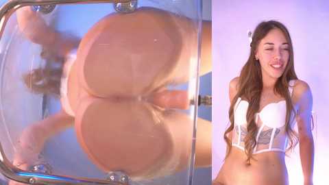 Media: A video juxtaposes a close-up of a woman's bare, large buttocks in a glass cube with a woman smiling in a white corset.