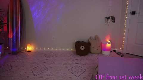 Media: Video of a cozy bedroom corner with a white patterned rug, a plush bear, and a teddy bear, lit by warm, ambient fairy lights and a candle.