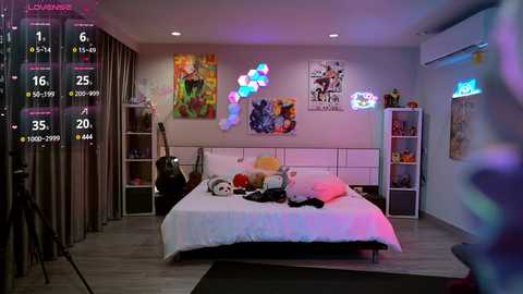 Media: Video of a modern, brightly lit bedroom with white walls, a bed, colorful art, a guitar, and a TV screen displaying a music video.