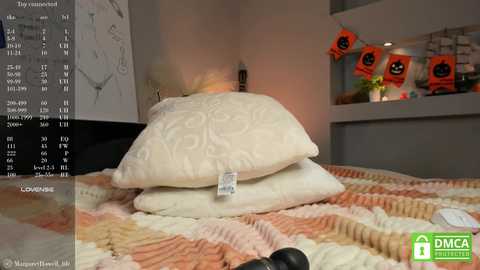 Media: Video of a cozy bedroom with a white, textured pillow atop a plaid blanket on a bed. The background features a wall-mounted clock and a shelf with orange Halloween-themed decorations.