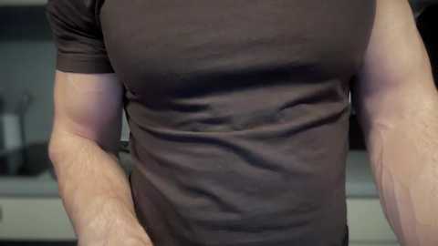 Media: A video of a person wearing a tight-fitting, dark brown t-shirt that accentuates their muscular arms and chest. The background is blurred, showing a modern kitchen with stainless steel appliances.