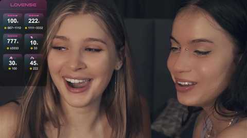 Media: Video of two young women, one blonde with long hair, one brunette with dark hair, smiling. Digital overlay shows \"Loveribe\" and love percentage. Background is blurred, possibly indoor setting.