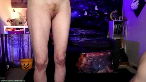 Media: A video of a naked person standing with legs slightly apart, displaying a hairy crotch. Background includes a starry night sky wall mural, a black ottoman, and a pumpkin bucket.