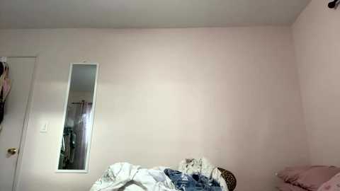 Media: Video of a cluttered bedroom with a white door, a large mirror, and a messy bed with a white and blue comforter.