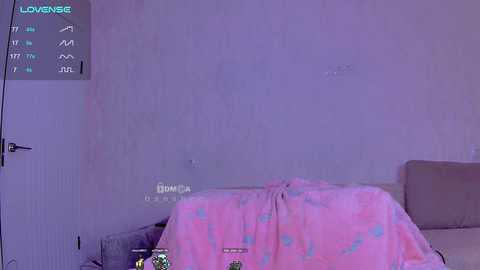 Media: A dimly lit, pastel-colored bedroom with a pink, polka-dotted blanket covering a bed. The room features a white wall and a closed door on the left. A webcam with a \"LOVEBOMB\" watermark is visible in the top left corner.