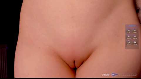 Media: A close-up video of a nude, light-skinned woman's torso and pubic region, with a blurred dark background, highlighting her smooth skin and natural hairline.