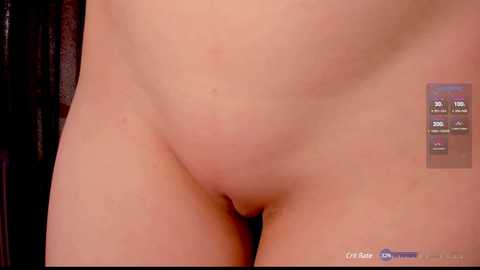 Media: Video of a close-up, full-frontal nude female torso, with pale skin, natural breast, and pubic hair visible, against a dark background.