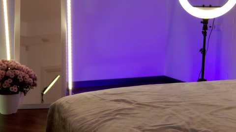 Media: Video of a modern bedroom with a white bed, purple LED strip lighting, a large ring light, and a vase of pink flowers on a wooden nightstand.