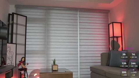 Media: A modern, minimalist living room with a beige sectional sofa, glass coffee table, white blinds, red-lit lamp, and a small potted plant. The room is captured through a virtual reality headset, displaying a video game overlay.