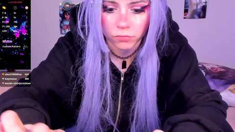 Media: Video of a young woman with long, lavender hair, wearing a black hoodie and choker, looking down. Background features a computer screen with gaming elements and a purple wall.