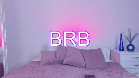 Media: Video of a minimalist bedroom with white walls, a purple bedspread, and a neon pink \"BB\" sign. A blue vase and minimalist decor adorn the nightstand.