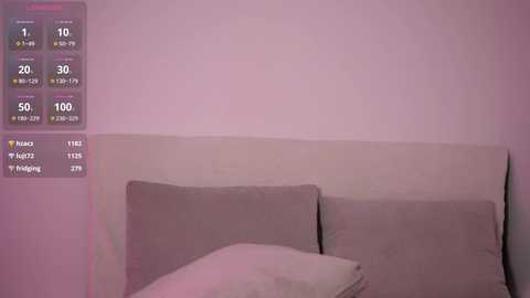 Media: Video of a minimalist bedroom with a white headboard and two beige pillows against a pale pink wall. A digital display shows weather data, including temperature and precipitation, in the top left corner.