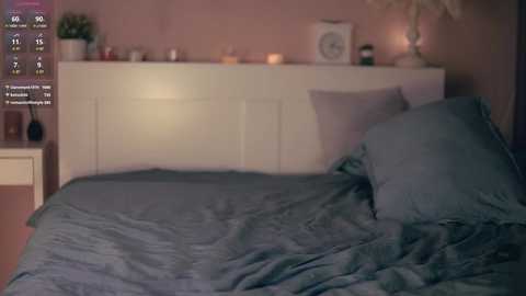 Media: A dimly-lit, cozy bedroom scene with a white headboard, gray bedding, a nightstand with a lamp, and a small potted plant.