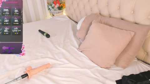 Media: Video of a plush, white-tufted bed with pink pillows, featuring a sex toy and a remote control.