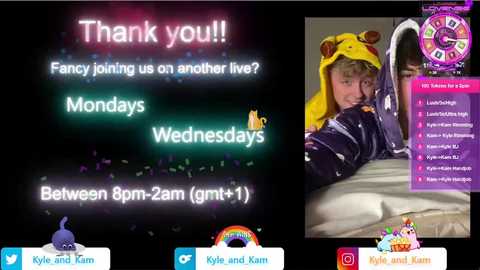 Media: A digital image featuring a young man in a colorful panda onesie, lying in bed, with a chat window displaying \"Thank you!\" messages from \"Kylie and Keanu.\