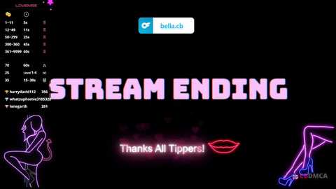 Media: A digital image featuring a Twitch stream ending announcement with \"STREAM ENDING\" in bold pink letters against a black background. Neon pink outlines of a woman and red lipstick adorn the corners.