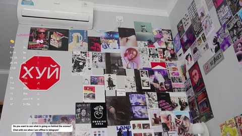 Media: Video of a cluttered bedroom wall covered in a mix of posters, photos, and stickers, including a prominent red stop sign with Greek text. The room has an air conditioner and a messy atmosphere.