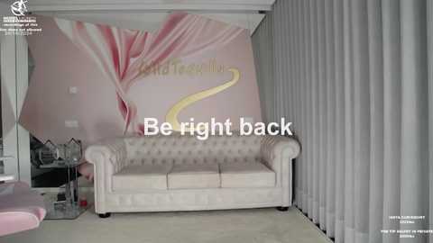 Media: Video of a chic, modern living room with a light beige tufted couch, a large pink floral mural, and vertical grey curtains. Text overlay reads, \"Be right back.\