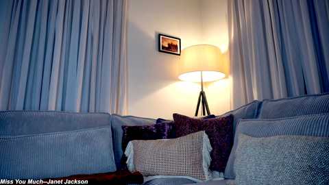 Media: Video of a cozy living room corner with a gray sectional sofa adorned with purple and beige pillows, a floor lamp casting warm light, and framed artwork on the wall.