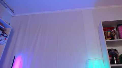 Media: Video of a minimalist, white-walled room with a vertical light strip casting a blue glow. Shelves hold colorful objects and a cylindrical lamp with a white shade on the left.