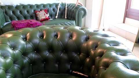 Media: Video of a luxurious, green, tufted leather sofa with button detailing, plush cushions, and decorative pillows in a cozy, well-lit living room.