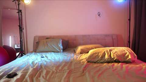 Media: Video of a neatly made bed with beige bedding, two pillows, and a remote control on a light pink wall, with a spotlight and a red balloon in the background.