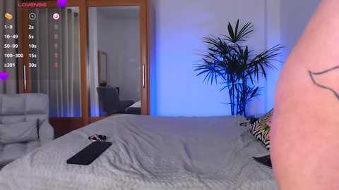 Media: A video of a modern bedroom with a zebra-print pillow, a large green plant, and a mirrored closet under blue lighting.