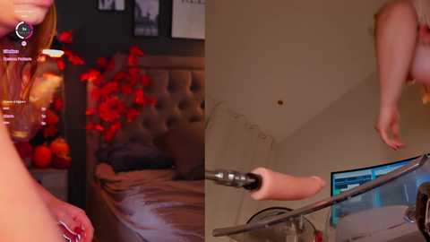 Media: A video split into two sides: Left, a cozy room with a bed, red decor, and dim lighting; Right, a woman's bare feet on a table, a laptop screen visible.