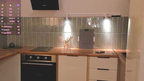 Media: Video of a modern kitchen with a wooden countertop, white cabinets, a stove, two pendant lights, and a decorative deer figurine.