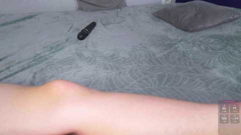 Media: A video of a gray-patterned bedspread with a remote control and a hand, suggesting a casual, relaxed moment.