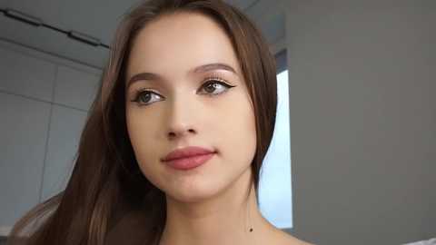 Media: Video of a young Caucasian woman with light skin, straight brown hair, and light makeup, including winged eyeliner and pink lipstick. She has a neutral expression and is indoors with a white wall and ceiling in the background.