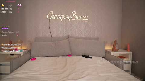 Media: Video of a modern bedroom with a grey upholstered headboard, white textured wallpaper, two white bedside tables, and a television displaying the username \"JenapreyBana.\