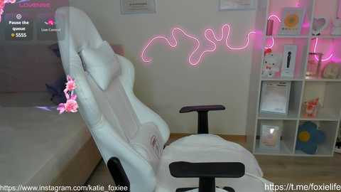 Media: Video of a modern gaming setup: a white gaming chair with pink heart decals, a pink neon \"game\" sign, and a white shelf with toys and a blue plush toy.