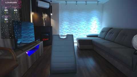 Media: Video of a modern living room with a grey sectional sofa, wooden floor, blue accent lighting, and a flat-screen TV mounted on a dark wooden cabinet.