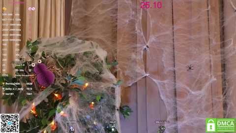 Media: A video of a Halloween-themed wooden door covered in a sheer, white spider web, with a purple spider and glowing orange lights on a green wreath.