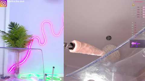 Media: A video juxtaposing a colorful, neon-lit room with a minimalist, sleek bathroom. The neon sign features a wavy, pink and blue design.