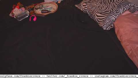 Media: A video of a zebra-patterned pillow and a black bedspread, with a wicker basket, red phone, and pink earbuds on a nightstand. Text at the bottom reads \"frankie_pivera_letme_jerk_you_off_InstaGram.com.\