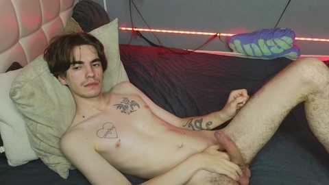 Media: Video of a young, slender, fair-skinned man with short dark hair lying nude on a bed with a pillow and a black sheet. He has tattoos on his chest and legs, and his circumcised penis is visible. The background includes a gray wall and a colorful pillow.