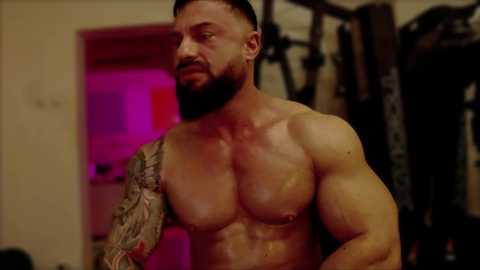 Media: Video of a shirtless, muscular man with a full beard and tattoos, standing in a dimly lit gym with pink lighting. He has a serious expression.