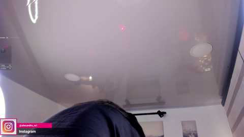 Media: Video of a foggy room with a ceiling fan and light fixture. A person with dark hair is seen from behind, wearing a black shirt.