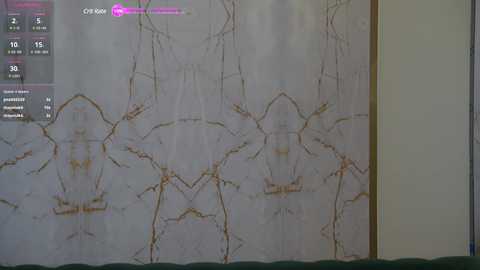 Media: Video of a large, beige marble wall with intricate brown vein patterns, displaying a digital overlay with health metrics, including heart rate and blood pressure, in a clinical setting.