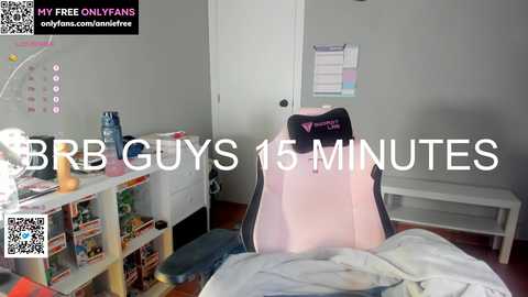 Media: Video of a messy bedroom with a pink gaming chair, desk cluttered with toys, and a white bench. Text reads \"BGB Guys 15 Minutes.\