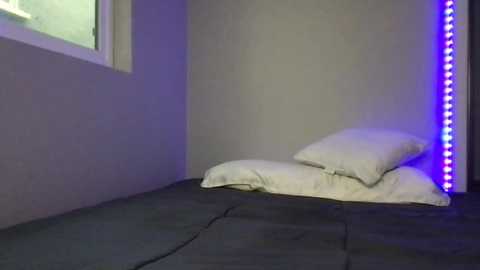 Media: Video of a minimalist bedroom with a single bed covered in dark gray sheets, featuring a pillow and two white pillows stacked on a beige wall, illuminated by blue LED lights on the right.