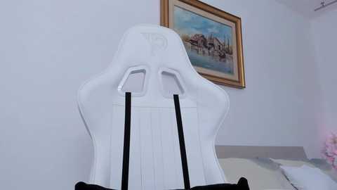 Media: Video of a white gaming chair with black straps, against a white wall adorned with a framed painting of a harbor scene.