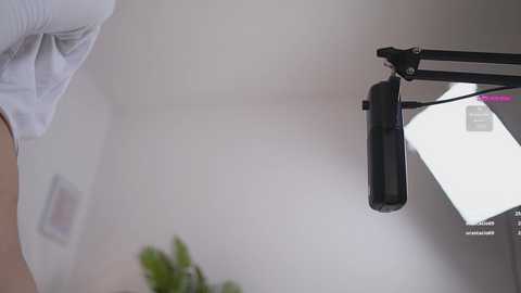 Media: Video of a person in a white shirt, partially visible, standing near a black, adjustable light stand with a large white diffuser. Background features a blurred, light-colored wall with a potted plant in the lower left corner.